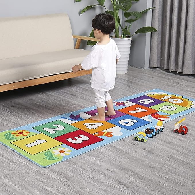 Hop and Count Hopscotch Rug, Kids Floor Play Area Rug Game Carpet Crawl Jump Mat, Children Numbers Learning Non-Slip Rug, Great for Ages 3 to 7 Boys Girls, Home Decor, 26''x55'' - LeafyLoom