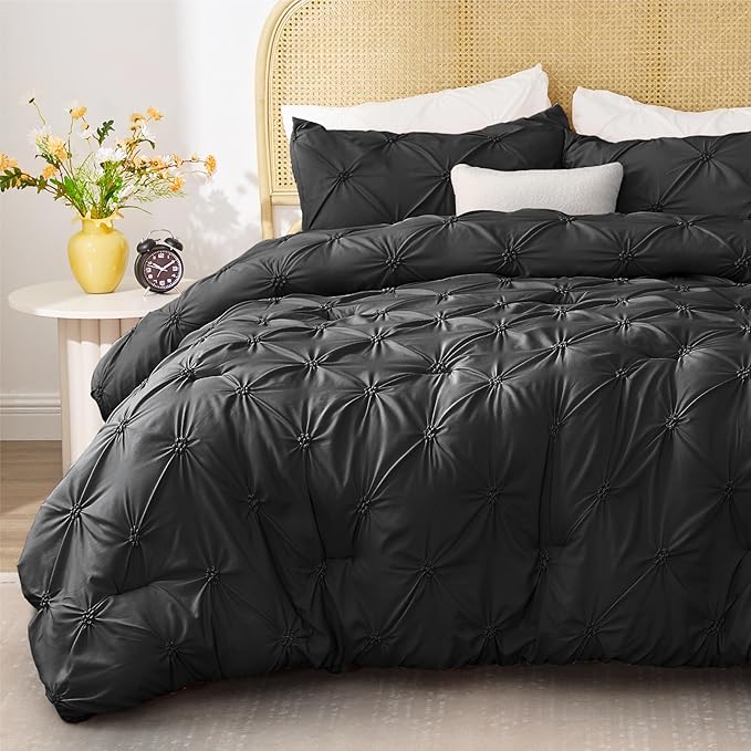 BEDELITE Black King Size Comforter Set - 3 Pieces Boho Pintuck Bedding Comforter Sets, Lightweight Soft & Warm King Bedding Set with 2 Pillowcases for All Season - LeafyLoom