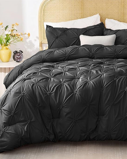 BEDELITE Black Comforter Set Queen - 3 Pieces Boho Pintuck Bedding Comforter Sets, Lightweight Soft & Warm Bed Comforter Queen with 2 Pillowcases for All Season - LeafyLoom