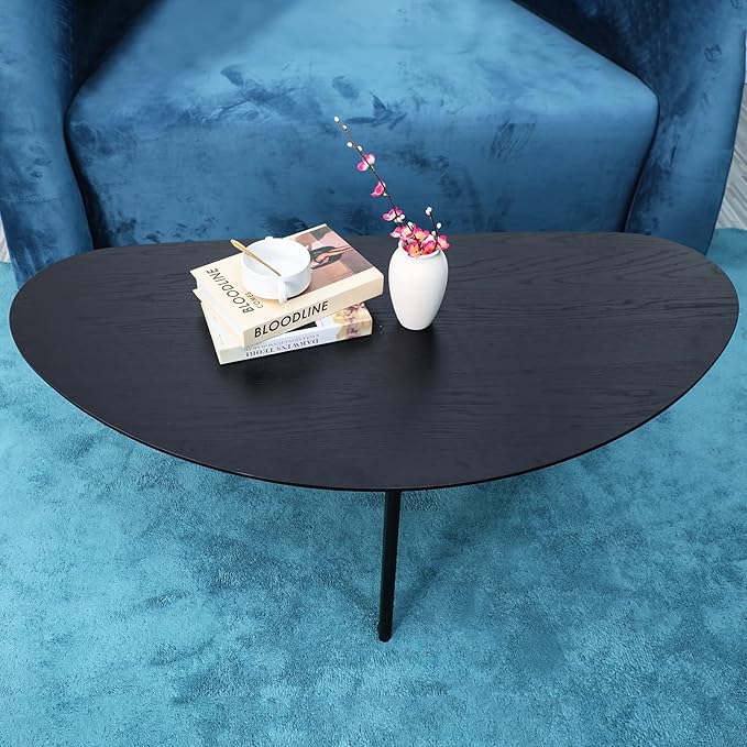 FIRMINANA Mid Century Modern Coffee Table,Large Oval Black Coffee Table for Living Room,Oval Small Mangotop Black Coffee Table for Small Spaces,Black-47.3" W x23.63 D x 17.72" H - LeafyLoom