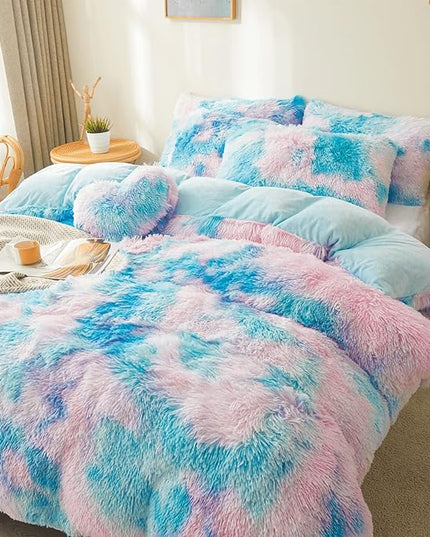 Tie dye Blue Plush Fluffy Comforter Cover Set Queen - Ultra Soft Faux Fur tie dye Bedding Sets 3 Pieces (1 Shaggy Duvet Cover + 2 Pillow case) Fluffy Bed Set (Tie Dye Blue, Queen) - LeafyLoom