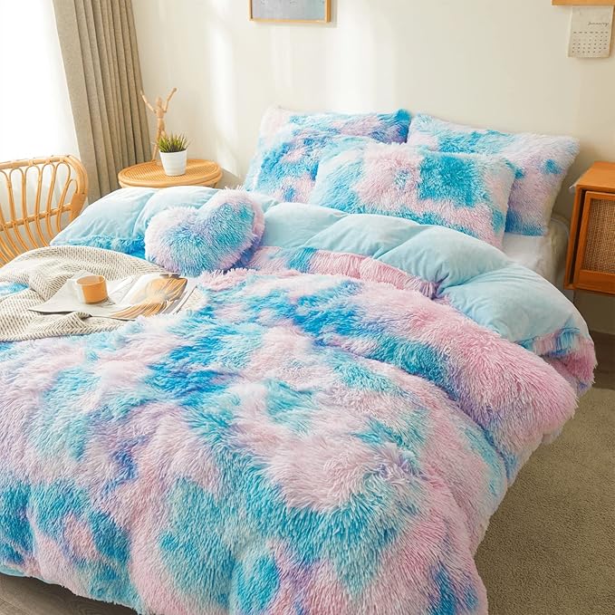 Tie dye Blue Plush Fluffy Comforter Cover Set Queen - Ultra Soft Faux Fur tie dye Bedding Sets 3 Pieces (1 Shaggy Duvet Cover + 2 Pillow case) Fluffy Bed Set (Tie Dye Blue, Queen) - LeafyLoom