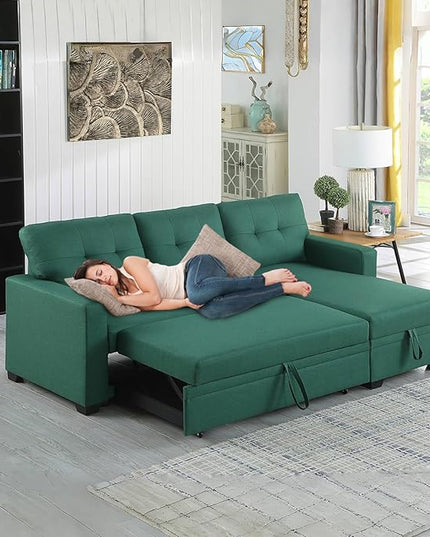 L Shape Sleeper Sofa Bed with Storage, Large Full Size Pull Out Sectional Couch, Futon Chaise Lounge Recliner for Living Room, Apartment, Bedroom, Office, Green - LeafyLoom