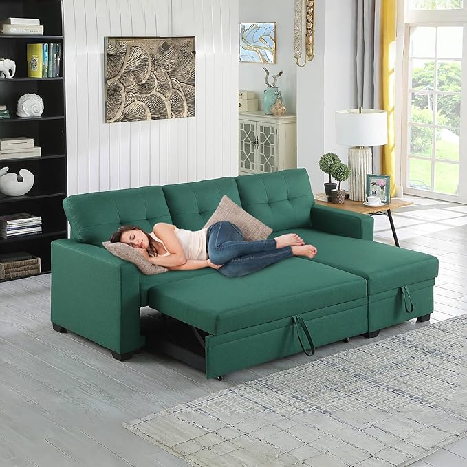 L Shape Sleeper Sofa Bed with Storage, Large Full Size Pull Out Sectional Couch, Futon Chaise Lounge Recliner for Living Room, Apartment, Bedroom, Office, Green - LeafyLoom