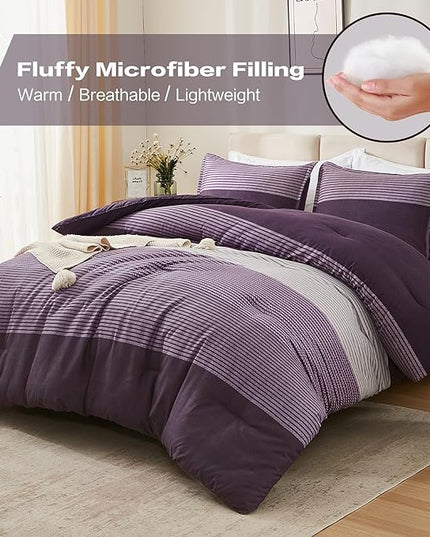 Litanika Purple Queen Comforter Set, 3 Pieces Striped Bedding Set, Lightweight Soft All Season Down Alternative Comforter Set (1 Gray&Purple Comforter, 2 Pillowcases) - LeafyLoom