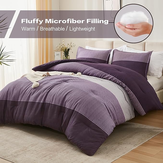 Litanika Purple Full Comforter Set, 3 Pieces Striped Bedding Set, Lightweight Soft All Season Down Alternative Comforter Set with Corner Loops (1 Gray&Purple Comforter, 2 Pillowcases) - LeafyLoom