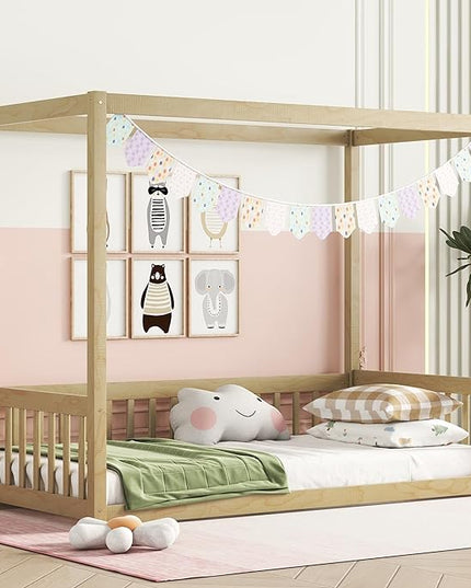Twin Size Canopy Bed Frame with Guardrails for Kids,Floor Bed Twin with Four Poster Design,Kids Montessori Floor Bed,Wood Canopy Bed Frame for Girls,Boys(Twin,Natural) - LeafyLoom