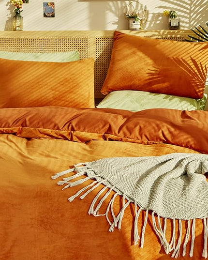 Burnt Orange Color Velvet Comforter Set Cal King Solid Rust Color Flannel Velvet Bedding Comforter Set All Caramel Colour 3 PCs Shaggy Soft Warm and Durable Flannel Blanket Cal King - LeafyLoom