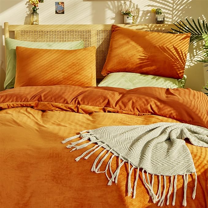 Burnt Orange Color Velvet Comforter Set Cal King Solid Rust Color Flannel Velvet Bedding Comforter Set All Caramel Colour 3 PCs Shaggy Soft Warm and Durable Flannel Blanket Cal King - LeafyLoom