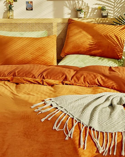 Burnt Orange Color Velvet Comforter Set King Solid Rust Color Flannel Velvet Bedding Comforter Set All Caramel Colour 3 PCs Shaggy Soft Warm and Durable Flannel Blanket King - LeafyLoom