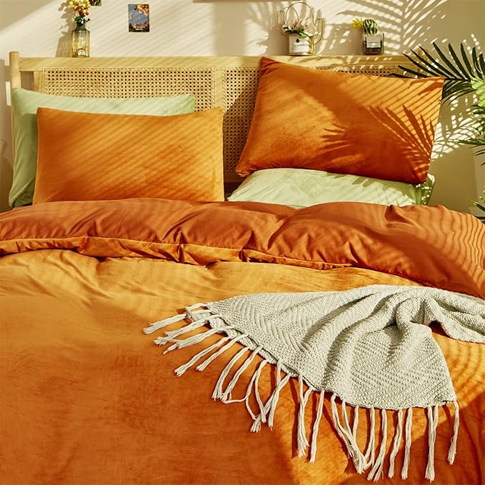Burnt Orange Color Velvet Comforter Set King Solid Rust Color Flannel Velvet Bedding Comforter Set All Caramel Colour 3 PCs Shaggy Soft Warm and Durable Flannel Blanket King - LeafyLoom
