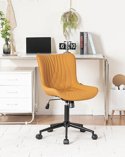 YOUNIKE Office Chair, Armless Desk Chair with Wheels, Home Office Computer Task Chairs, Modern Faux Leather Upholstered Vanity Chair, Adjustable Swivel Rocking Chair with Back, Saffron Tan - LeafyLoom