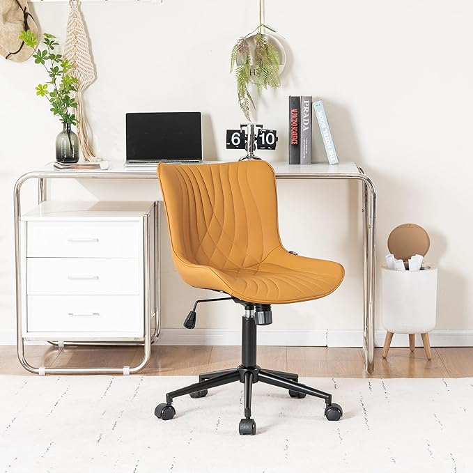 YOUNIKE Office Chair, Armless Desk Chair with Wheels, Home Office Computer Task Chairs, Modern Faux Leather Upholstered Vanity Chair, Adjustable Swivel Rocking Chair with Back, Saffron Tan - LeafyLoom