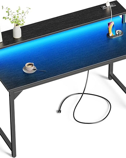 SUPERJARE 47 inch Computer Desk with LED Lights & Power Outlets, Home Office Desk with Monitor Shelf, Small Desk for Home & Office, Black - LeafyLoom