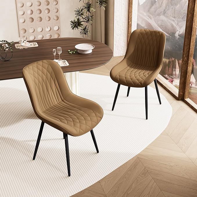 YOUNIKE Tan Dining Chairs set of 2 with High Backs Mid Century Modern Kitchen & Dining Room Chairs PU Faux Leather Upholstered sillas de comedor Comfortable Large Padded Accent Chairs with Metal Legs - LeafyLoom