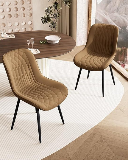 YOUNIKE Tan Dining Chairs set of 2 with High Backs Mid Century Modern Kitchen & Dining Room Chairs PU Faux Leather Upholstered sillas de comedor Comfortable Large Padded Accent Chairs with Metal Legs - LeafyLoom