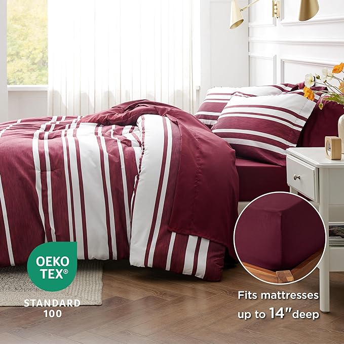 Bedsure Bed in a Bag King Size 7-Piece Burgundy White Striped Bedding Comforter Sets All Season Bed Set, 2 Pillow Shams, Flat Sheet, Fitted Sheet and 2 Pillowcases - LeafyLoom