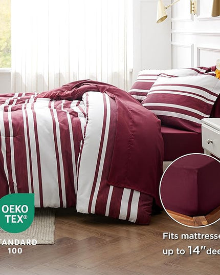 Bedsure Bed in a Bag Queen Size 7-Piece Burgundy White Striped Bedding Comforter Sets All Season Bed Set, 2 Pillow Shams, Flat Sheet, Fitted Sheet and 2 Pillowcases - LeafyLoom
