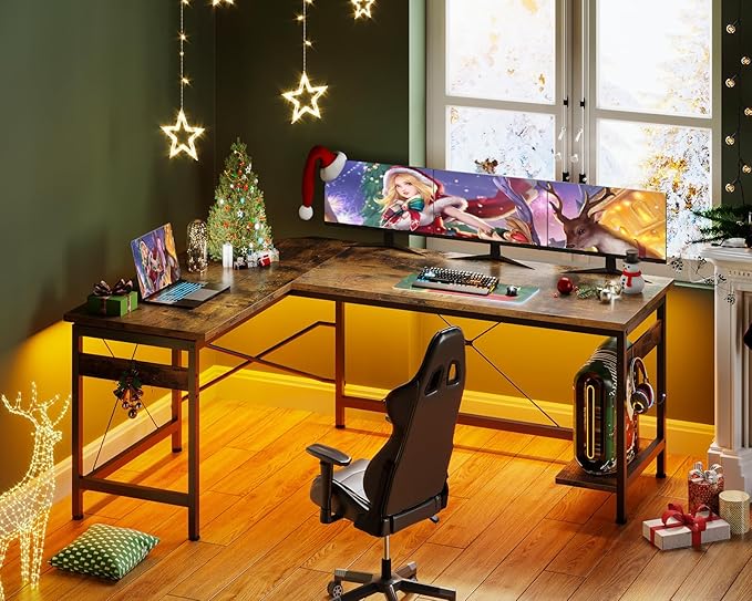 Coleshome 59" L Shaped Gaming Desk, Corner Computer Sturdy Home Office Table, Writing Larger Workstation, Vintage - LeafyLoom