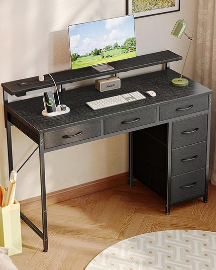 Gaming Desk with 6 Drawers, Computer Desk with LED Lights Power Outlets and Type-C, 39 Inch Office Desk with Storage, Monitor Stand, Writing Desk Work Desk Home Office, Bedroom, Study, Black - LeafyLoom