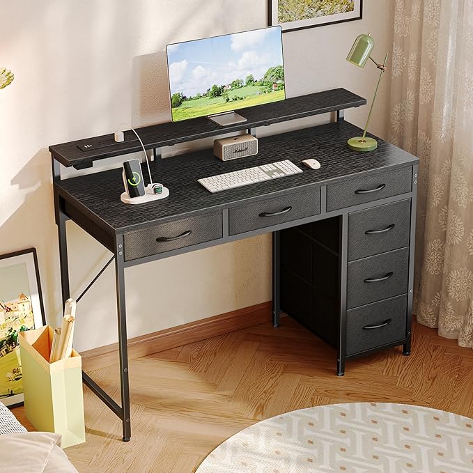 Gaming Desk with 6 Drawers, Computer Desk with LED Lights Power Outlets and Type-C, 39 Inch Office Desk with Storage, Monitor Stand, Writing Desk Work Desk Home Office, Bedroom, Study, Black - LeafyLoom