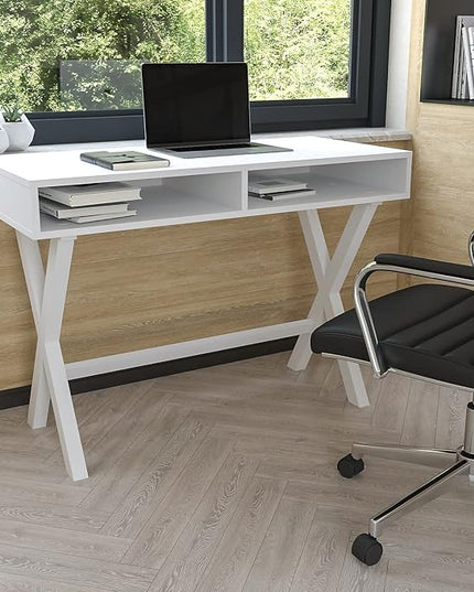 Flash Furniture Dolly Computer Desk - White Writing Desk with Open Storage Compartments - 42" Long Home Office Desk Table for Bedroom - LeafyLoom