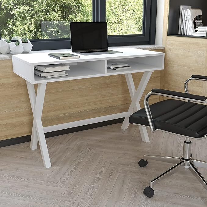 Flash Furniture Dolly Computer Desk - White Writing Desk with Open Storage Compartments - 42" Long Home Office Desk Table for Bedroom - LeafyLoom