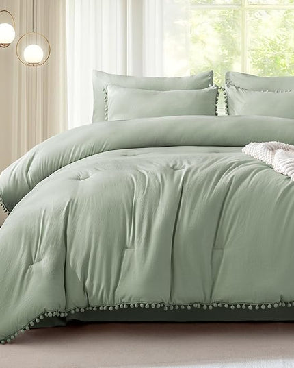 Litanika King Size Comforter Set Sage Green,3 Pieces Sage Green Boho Pom Pom Lightweight Bed Comforter, All Season Soft Solid Color Bedding Comforter Sets (1 Comforter 104x90 Inch, 2 Pillowcases) - LeafyLoom