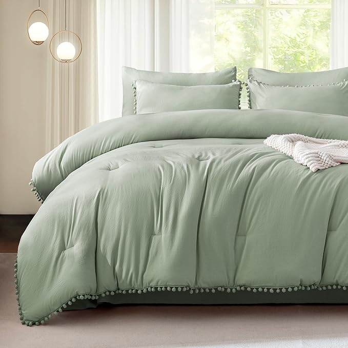 Litanika King Size Comforter Set Sage Green,3 Pieces Sage Green Boho Pom Pom Lightweight Bed Comforter, All Season Soft Solid Color Bedding Comforter Sets (1 Comforter 104x90 Inch, 2 Pillowcases) - LeafyLoom
