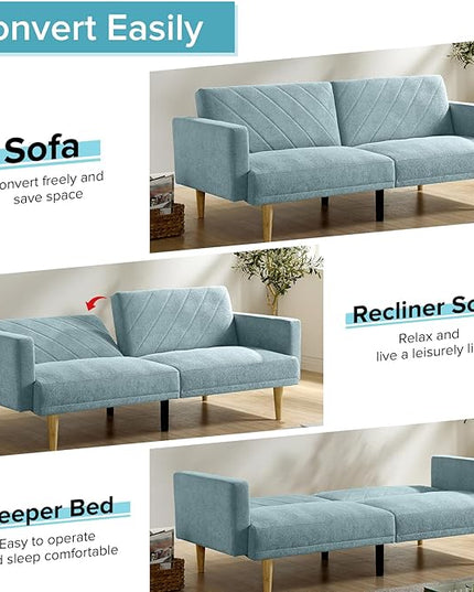 Folding Futon Sofa Tapered Wood Legs,Modern Space Saving Couch,Easily Converts to Single Bed,Easy Assembly,Multi-Functional Loveseat Ideal for Small Home Living Room,Blue, 76" - LeafyLoom