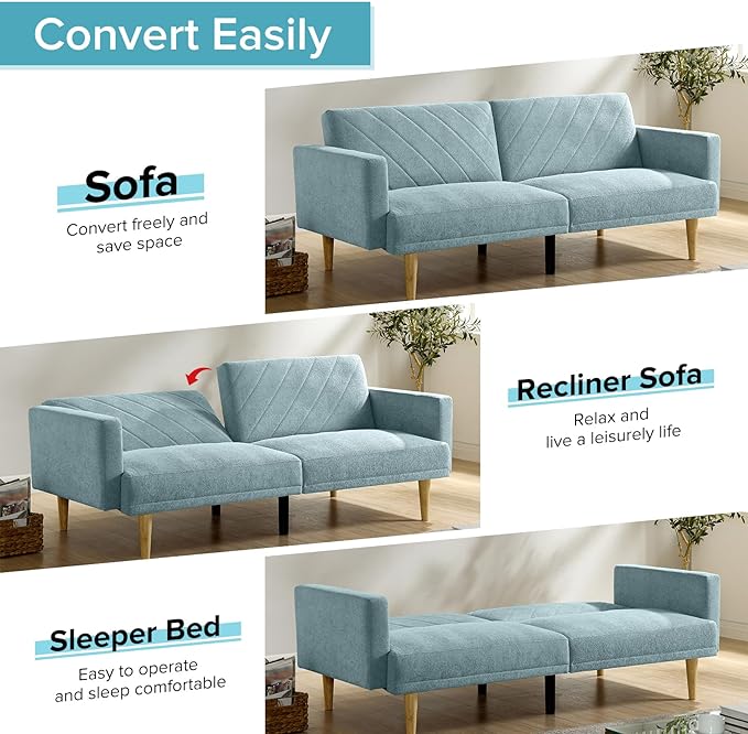 Folding Futon Sofa Tapered Wood Legs,Modern Space Saving Couch,Easily Converts to Single Bed,Easy Assembly,Multi-Functional Loveseat Ideal for Small Home Living Room,Blue, 76" - LeafyLoom
