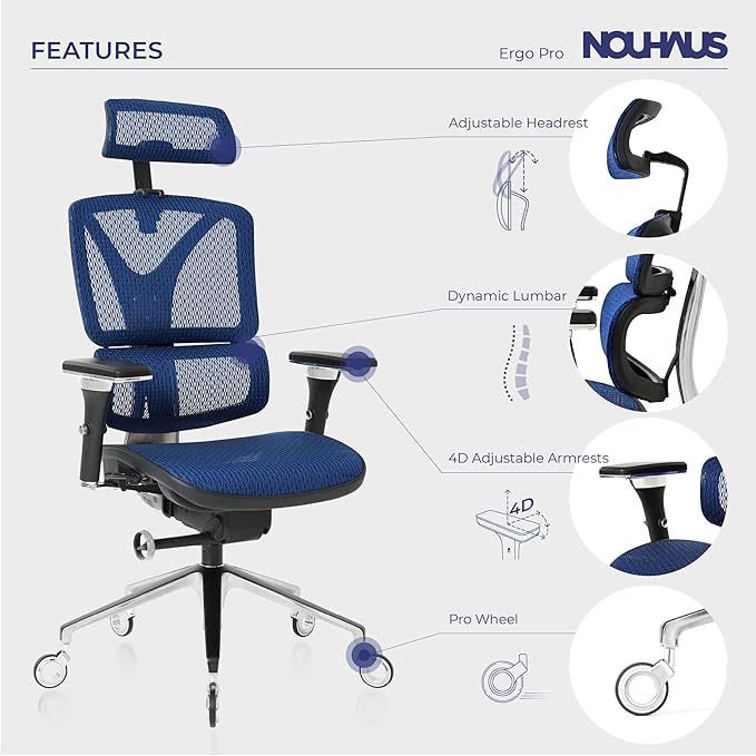 Nouhaus Ergonomic Office Chair Lumbar Support Aluminum Alloy Backrest, Big and Tall Mesh Computer Desk Chair with Adjustable Headrest, 4D Armrest and Premium Wheels(ErgoPRO,Blue) - LeafyLoom