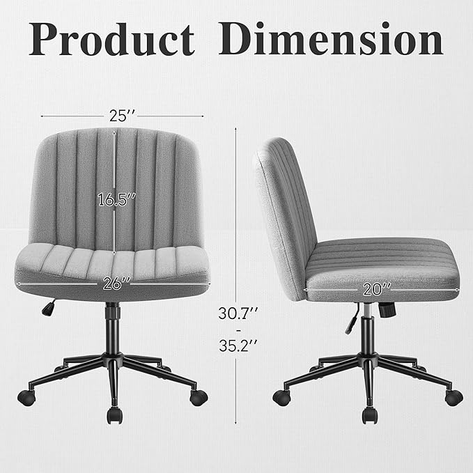 Criss Cross Legged Chair with Wheels, Armless Swivel Wide Padded Height Adjustable Fabric Home Office, Light Grey - LeafyLoom