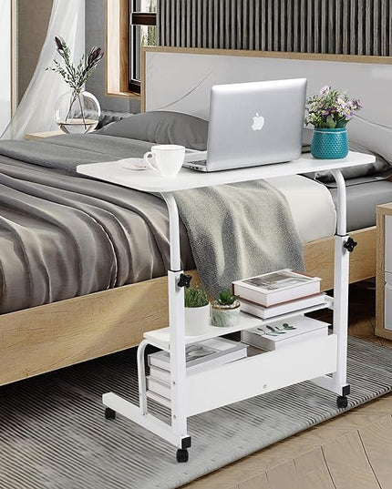 Adjustable Home Office Desk Portable Study Computer Rolling Desk for Small Spaces Movable Sofa Side Table on Wheels Student Small Laptop Desk with Storage White Size 31x16 Inch - LeafyLoom