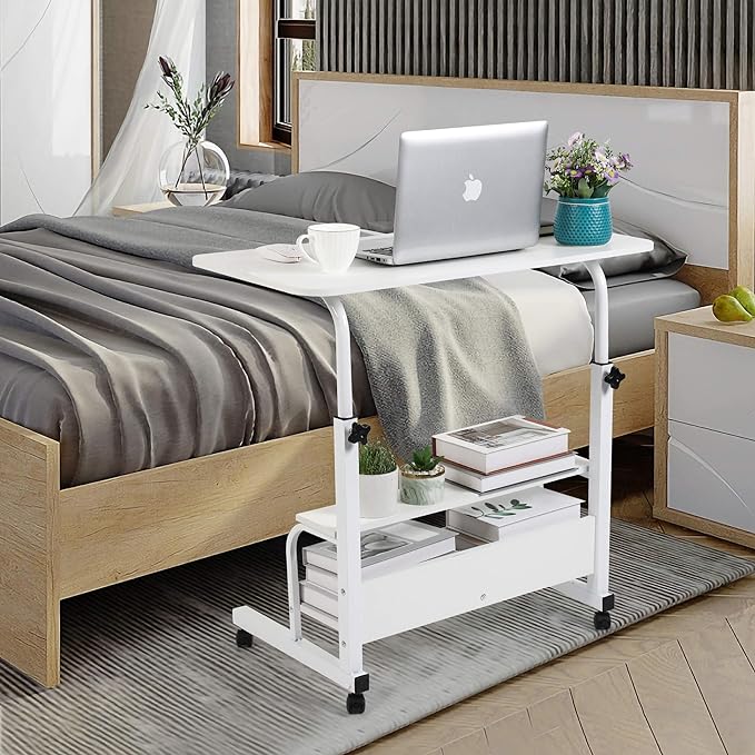 Adjustable Home Office Desk Portable Study Computer Rolling Desk for Small Spaces Movable Sofa Side Table on Wheels Student Small Laptop Desk with Storage White Size 31x16 Inch - LeafyLoom