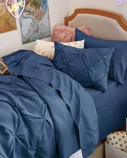 Bedsure Twin XL Comforter Set for Boys - Extra Long 5 Pieces Dorm Bedding Sets, Pinch Pleat Navy Blue Bed in a Bag with Comforter, Sheets, Pillowcase & Sham - LeafyLoom