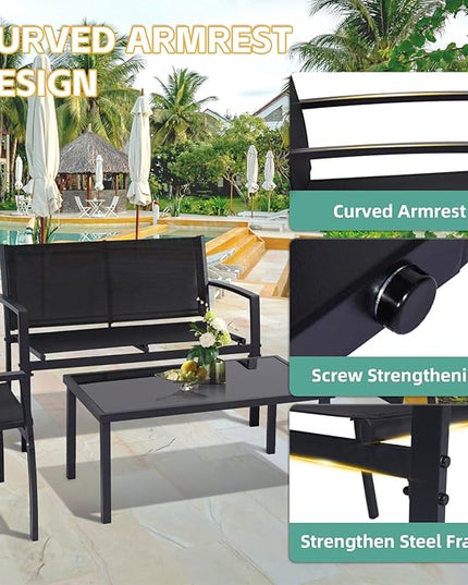 4 Pieces Patio Furniture Set Outdoor Garden Patio Conversation Sets Poolside Lawn Chairs with Tempered Glass Coffee Table Loveseat Porch Furniture Textilene Fabric Black - LeafyLoom