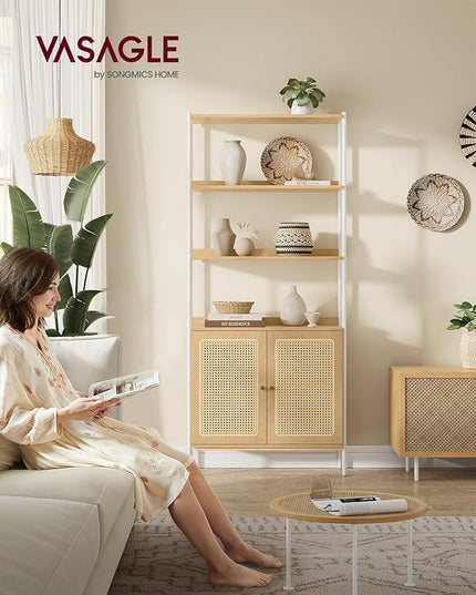 VASAGLE 6-Tier Bookcase, Bookshelf with Rattan-Like Door, Boho Style, Freestanding 30.1-Inch Wide Storage Shelf, Metal Frame, Adjustable Shelf, for Living Room, Oak Beige and Pearl White ULLS124W57 - LeafyLoom
