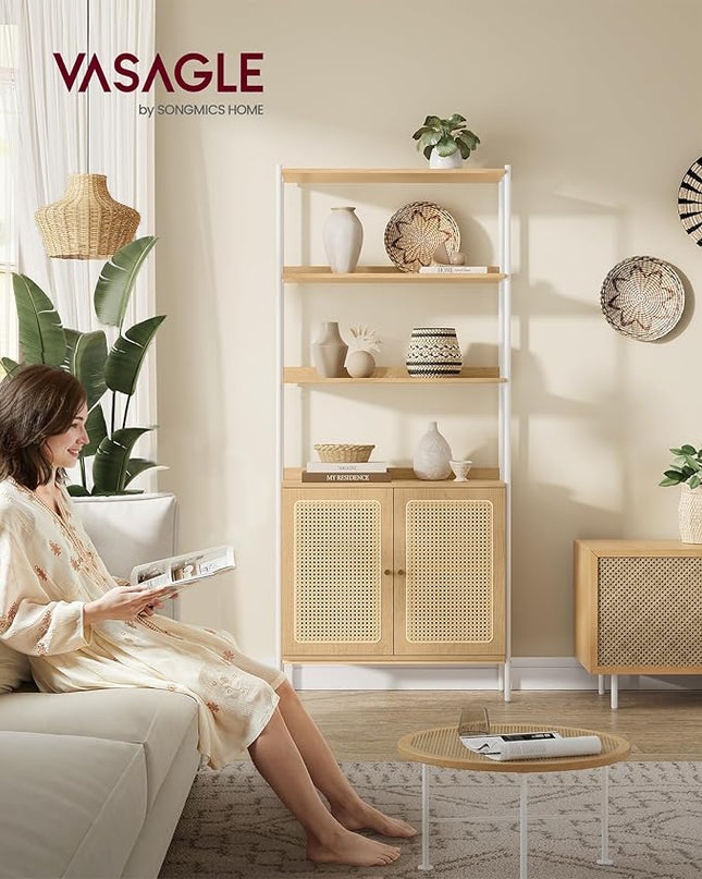 VASAGLE 6-Tier Bookcase, Bookshelf with Rattan-Like Door, Boho Style, Freestanding 30.1-Inch Wide Storage Shelf, Metal Frame, Adjustable Shelf, for Living Room, Oak Beige and Pearl White ULLS124W57 - LeafyLoom