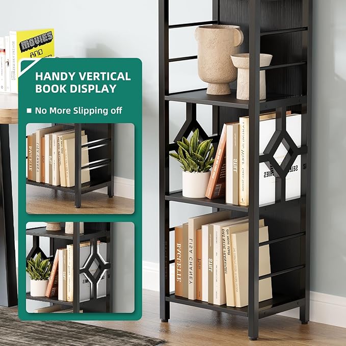 YITAHOME Narrow Bookshelf, 5-Tier Industrial Book Shelf Storage Rack, Display Shelves Stand Etagere for Small Spaces, Open Bookcase for Bedroom Living Room Bathroom Kitchen, Black - LeafyLoom