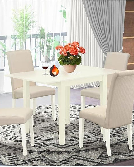 East West Furniture NDBA5-LWH-01 Norden 5 Piece Kitchen Set for 4 Includes a Rectangle Table with Dropleaf and 4 Cream Fabric Parson Dining Chairs, 30x48 Inch, Linen White - LeafyLoom