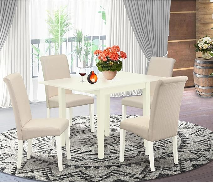 East West Furniture NDBA5-LWH-01 Norden 5 Piece Kitchen Set for 4 Includes a Rectangle Table with Dropleaf and 4 Cream Fabric Parson Dining Chairs, 30x48 Inch, Linen White - LeafyLoom