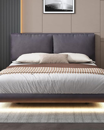 Queen Size Velvet Upholstered Platform Bed with Sensor Light and 2 Large Backrests,Wood Floating Bed Frame w/Two sets of USB Port & Sockets,Multi-Function,for Kids Teeens Adults,Gray - LeafyLoom