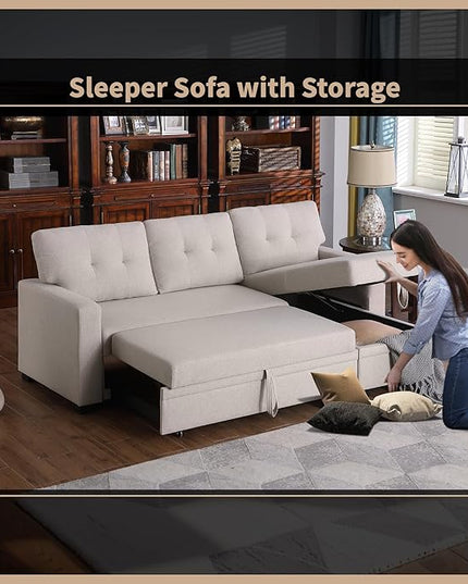 82 Inch Sectional Couch, L Shaped Convertible Sofa Chaise, Linen Reversible Upholstered Pull Out Bed, Storage Space for Living Room, Apartment and Office, Beige, 82inch - LeafyLoom