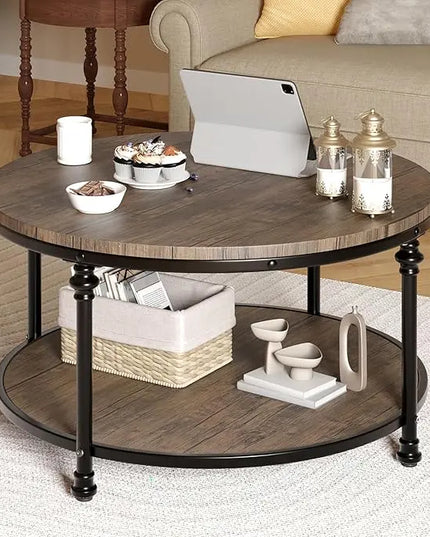 GAOMON Round Coffee Table Living Room 34.25in Rustic Circle Center Table with Storage Shelf 2-Tier Modern Wood Coffee Table Metal Frame, Easy Assembly(Light Walnut) - LeafyLoom