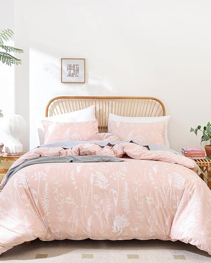 JANZAA Pink Comforter Set Queen Floral Comforter Set 3 PCS Cute Bedding Sets Blush Comforter Set Plant Flowers Printed on Fluffy Comforter Set for All Season - LeafyLoom
