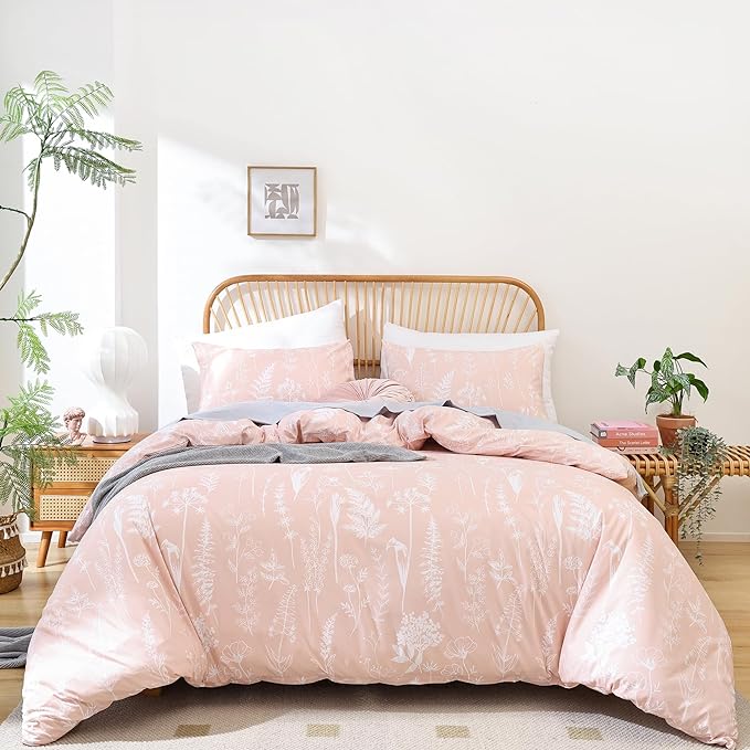 JANZAA King Size Comforter Set Floral Comforter Set 3 PCS Bedding Sets Pink Comforter Set Flowers Printed on Fluffy Comforter Set for All Season - LeafyLoom
