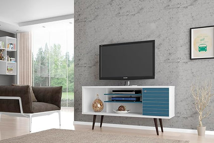 Manhattan Comfort Liberty Mid Century Modern TV Stand for Televisions up to 50 Inches, Bedroom and Living Room Entertainment Center with Storage, Shelves, and Cabinet, 53" Wide, White and Aqua Blue - LeafyLoom