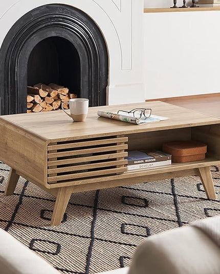 mopio Ensley Coffee Table, Mid Century Modern Table with Storage, Farmhouse Wood Coffee Table for Living Room Fluted (Oak) - LeafyLoom