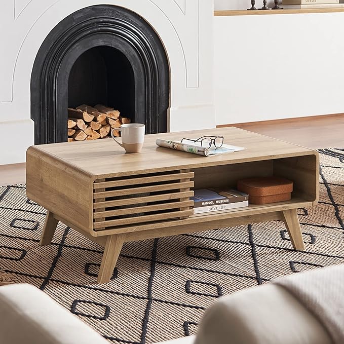 mopio Ensley Coffee Table, Mid Century Modern Table with Storage, Farmhouse Wood Coffee Table for Living Room Fluted (Oak) - LeafyLoom